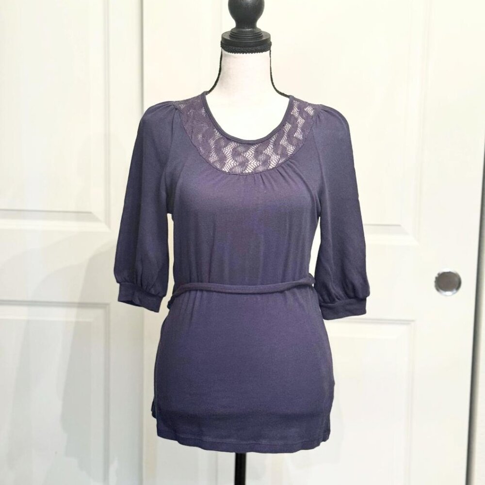 Ella Moss Navy Blue Three Quarter Sleeve Belted Wrap Top Blouse, Size S